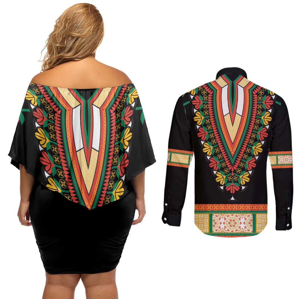 Africa Dashiki Couples Matching Off Shoulder Short Dress and Long Sleeve Button Shirt Embroidery Neckline Floral Pattern - Wonder Print Shop