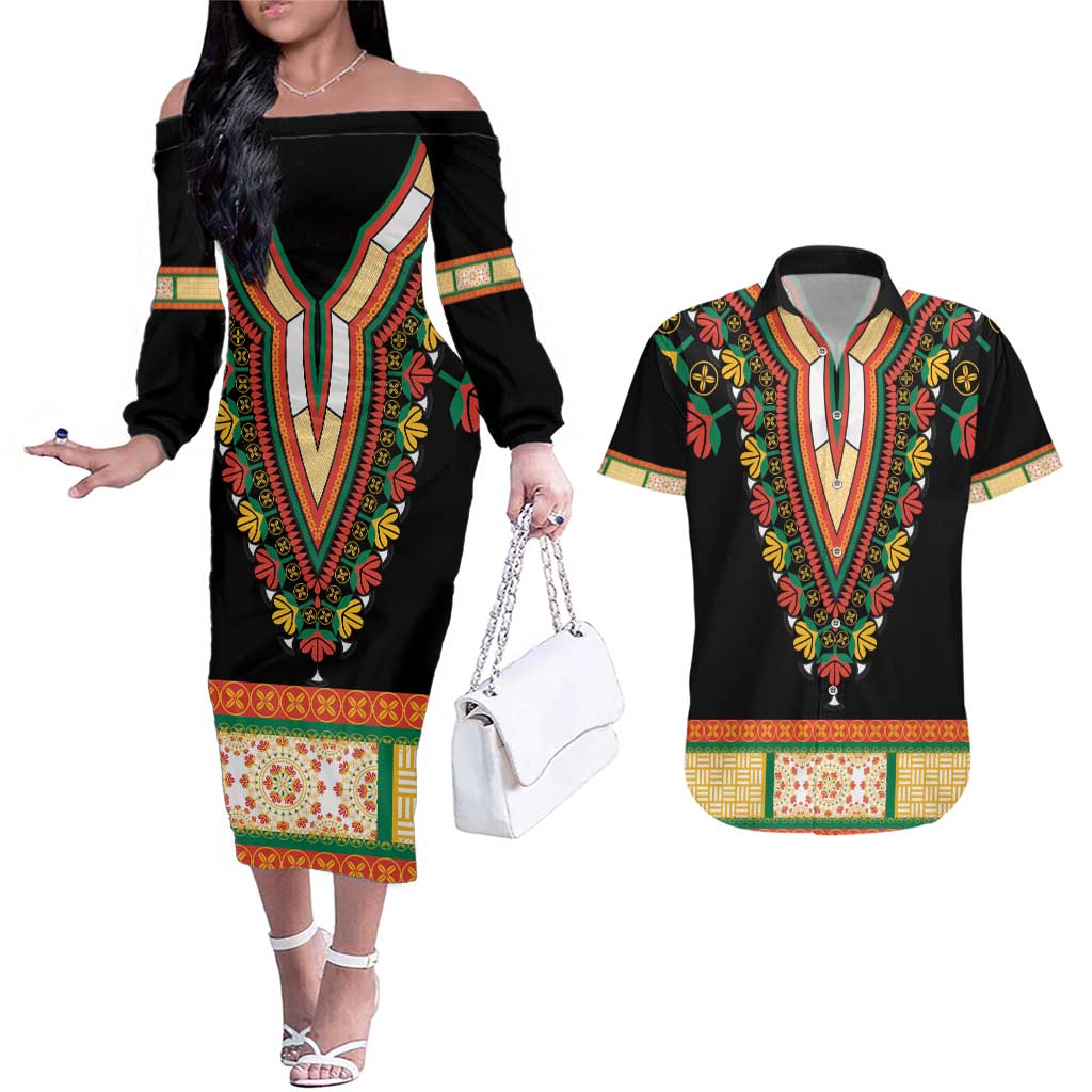 Africa Dashiki Couples Matching Off The Shoulder Long Sleeve Dress and Hawaiian Shirt Embroidery Neckline Floral Pattern - Wonder Print Shop