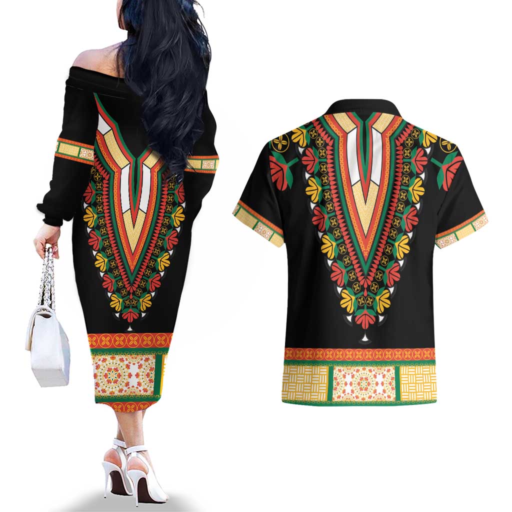 Africa Dashiki Couples Matching Off The Shoulder Long Sleeve Dress and Hawaiian Shirt Embroidery Neckline Floral Pattern - Wonder Print Shop