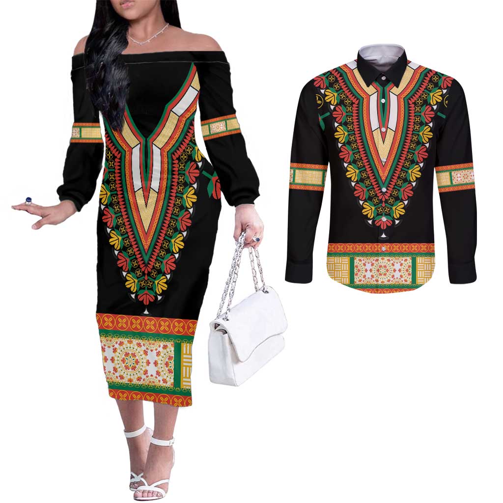 Africa Dashiki Couples Matching Off The Shoulder Long Sleeve Dress and Long Sleeve Button Shirt Embroidery Neckline Floral Pattern