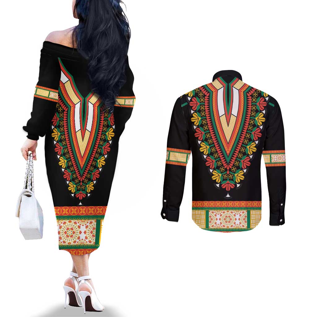 Africa Dashiki Couples Matching Off The Shoulder Long Sleeve Dress and Long Sleeve Button Shirt Embroidery Neckline Floral Pattern