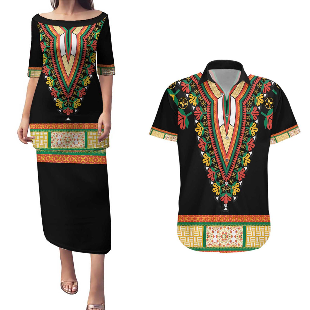 Africa Dashiki Couples Matching Puletasi and Hawaiian Shirt Embroidery Neckline Floral Pattern - Wonder Print Shop