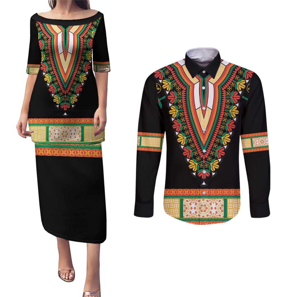 Africa Dashiki Couples Matching Puletasi and Long Sleeve Button Shirt Embroidery Neckline Floral Pattern - Wonder Print Shop