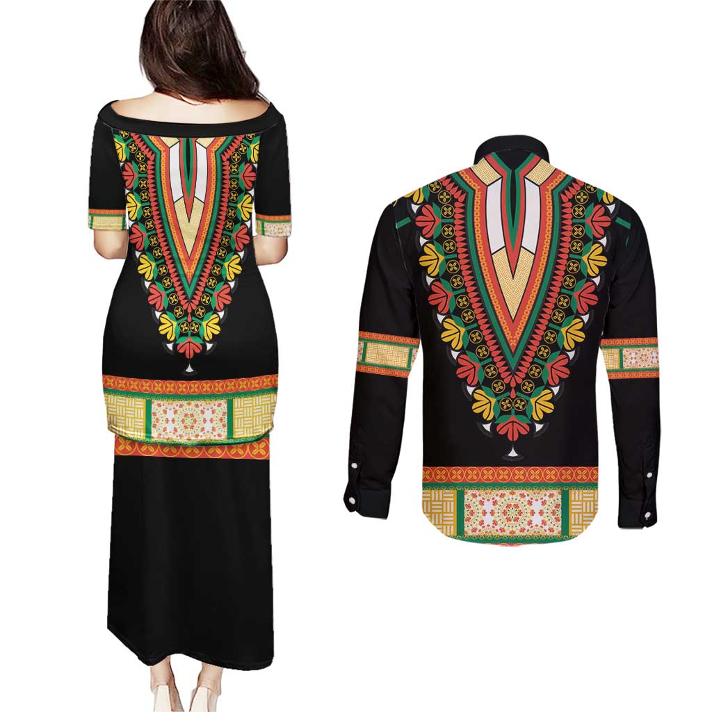 Africa Dashiki Couples Matching Puletasi and Long Sleeve Button Shirt Embroidery Neckline Floral Pattern - Wonder Print Shop