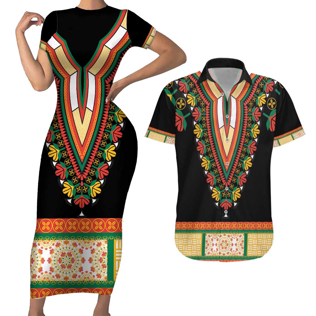 Africa Dashiki Couples Matching Short Sleeve Bodycon Dress and Hawaiian Shirt Embroidery Neckline Floral Pattern - Wonder Print Shop
