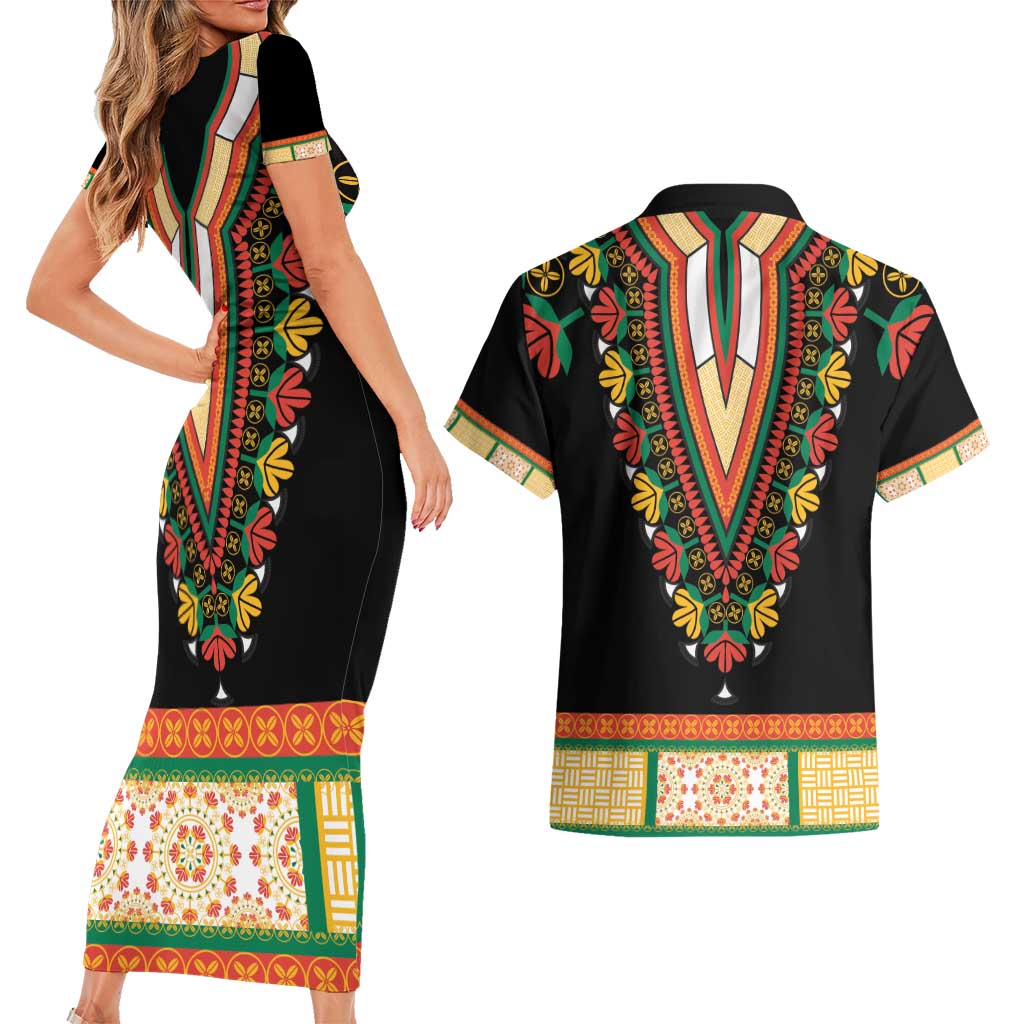 Africa Dashiki Couples Matching Short Sleeve Bodycon Dress and Hawaiian Shirt Embroidery Neckline Floral Pattern - Wonder Print Shop