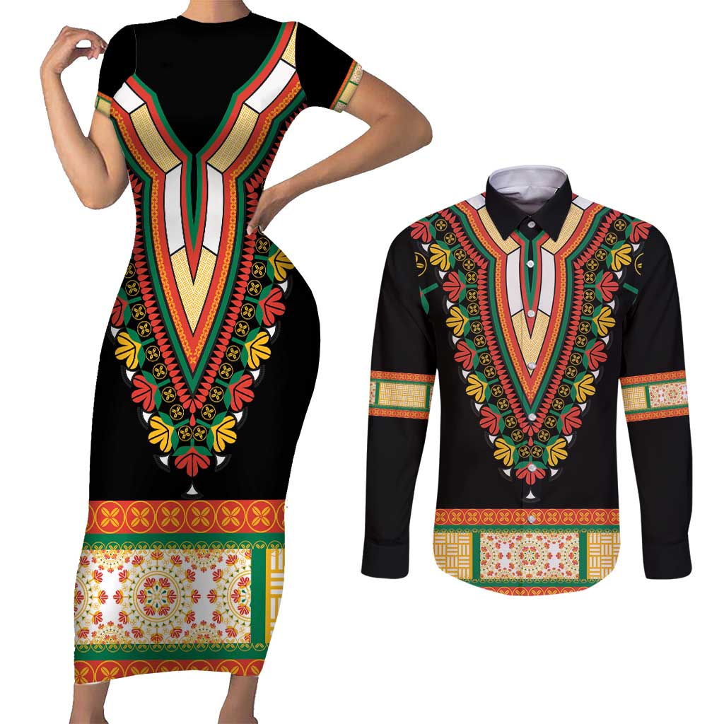 Africa Dashiki Couples Matching Short Sleeve Bodycon Dress and Long Sleeve Button Shirt Embroidery Neckline Floral Pattern - Wonder Print Shop