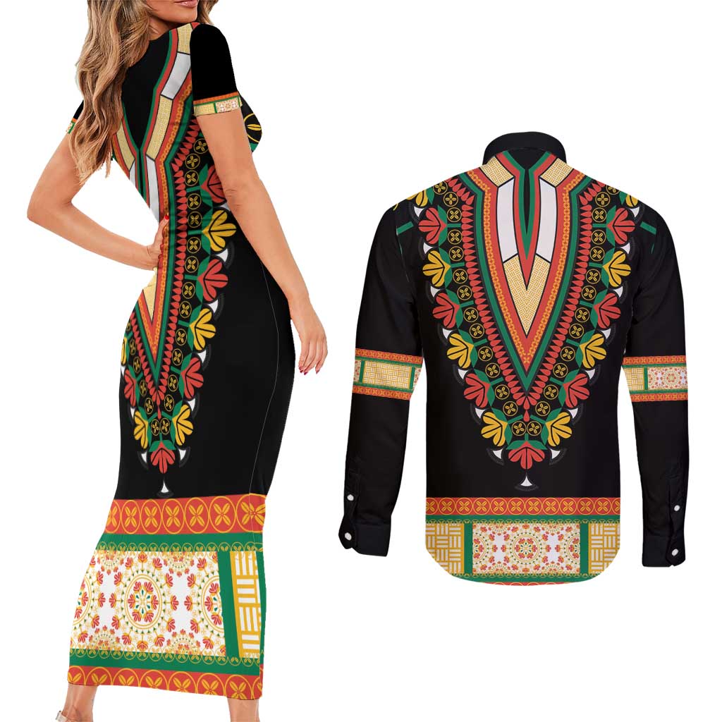 Africa Dashiki Couples Matching Short Sleeve Bodycon Dress and Long Sleeve Button Shirt Embroidery Neckline Floral Pattern - Wonder Print Shop