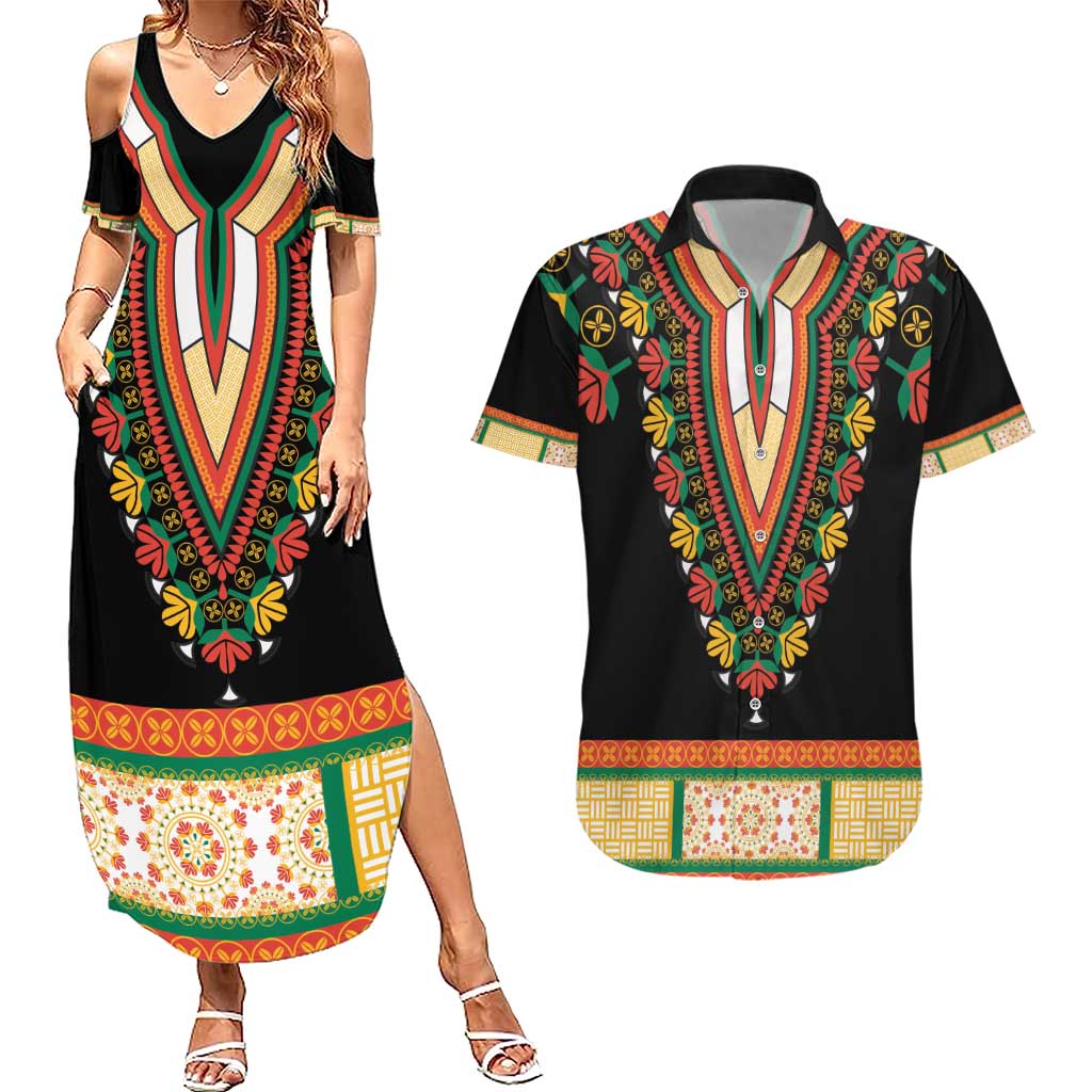 Africa Dashiki Couples Matching Summer Maxi Dress and Hawaiian Shirt Embroidery Neckline Floral Pattern - Wonder Print Shop