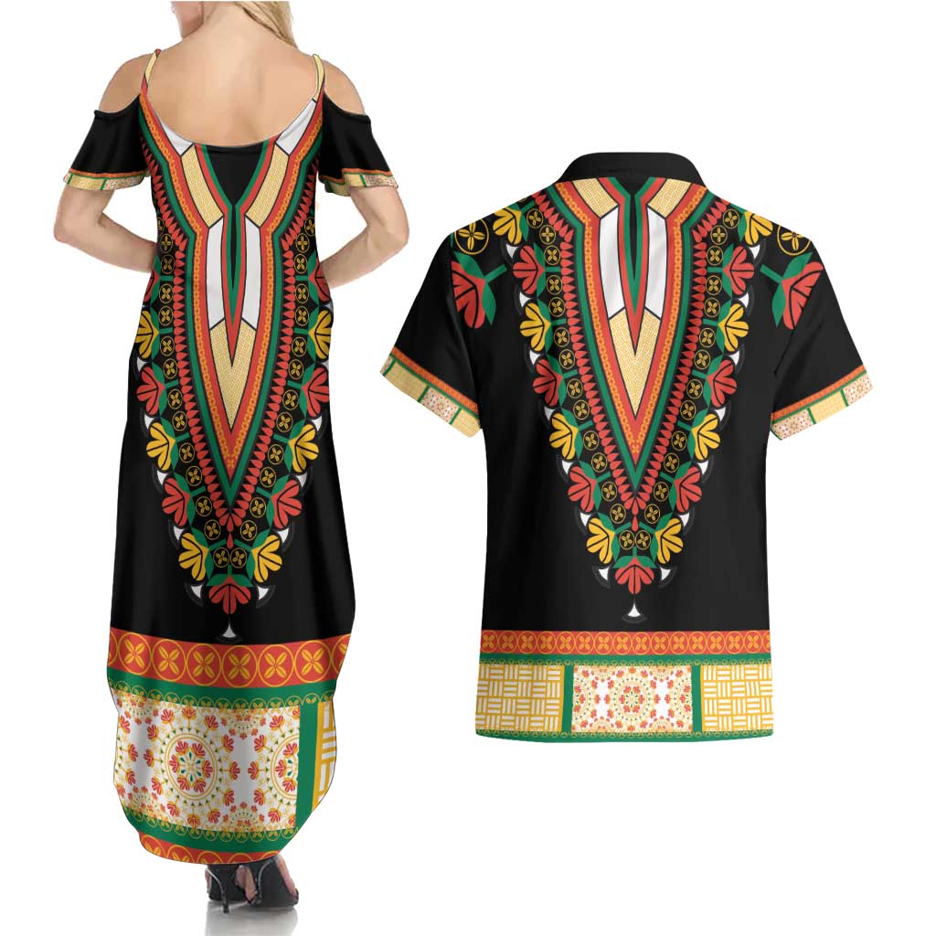 Africa Dashiki Couples Matching Summer Maxi Dress and Hawaiian Shirt Embroidery Neckline Floral Pattern - Wonder Print Shop