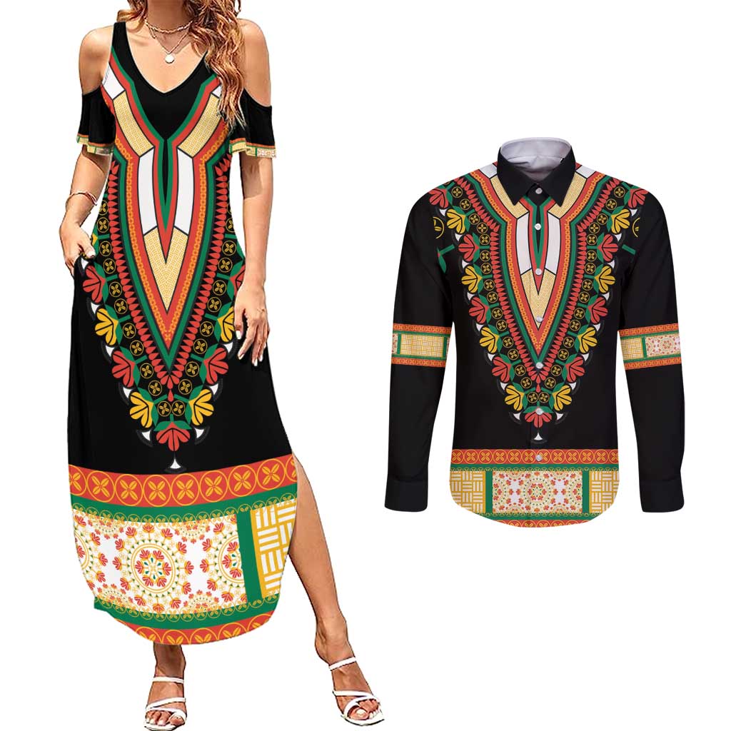 Africa Dashiki Couples Matching Summer Maxi Dress and Long Sleeve Button Shirt Embroidery Neckline Floral Pattern - Wonder Print Shop