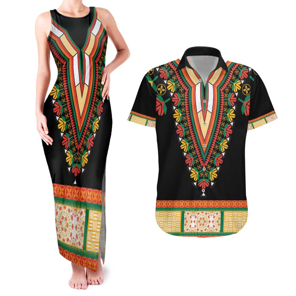 Africa Dashiki Couples Matching Tank Maxi Dress and Hawaiian Shirt Embroidery Neckline Floral Pattern - Wonder Print Shop