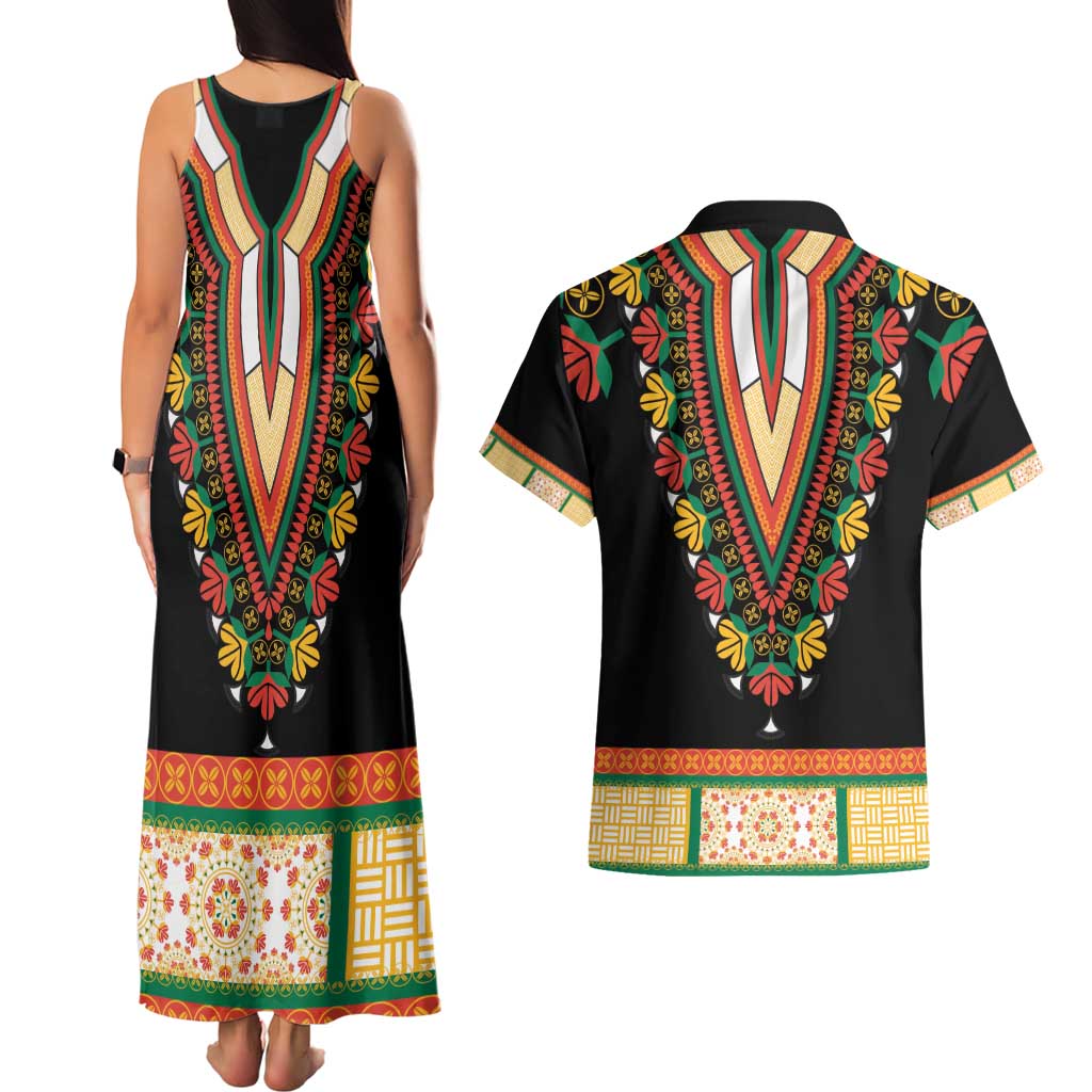 Africa Dashiki Couples Matching Tank Maxi Dress and Hawaiian Shirt Embroidery Neckline Floral Pattern - Wonder Print Shop