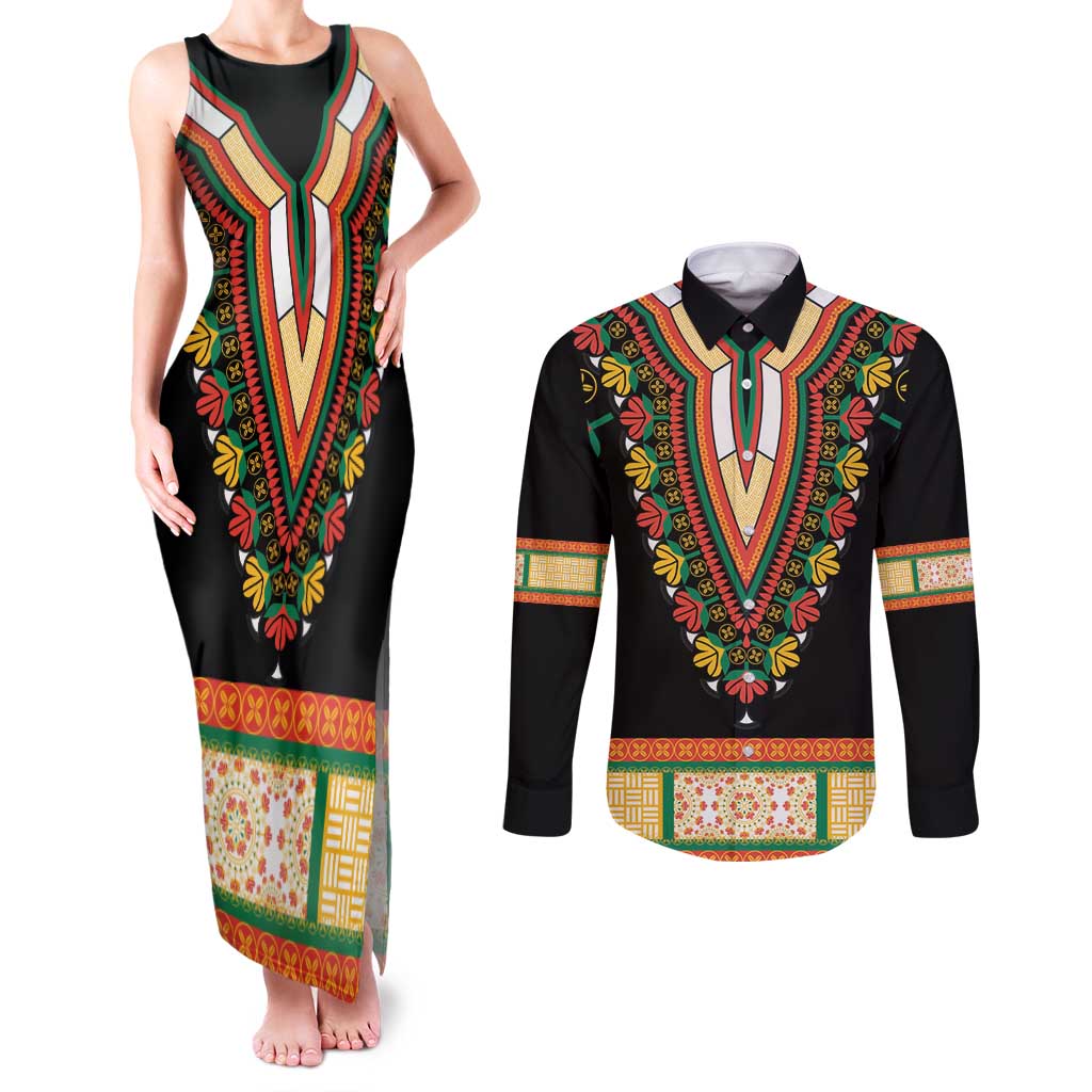 Africa Dashiki Couples Matching Tank Maxi Dress and Long Sleeve Button Shirt Embroidery Neckline Floral Pattern - Wonder Print Shop