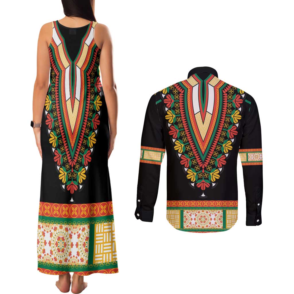 Africa Dashiki Couples Matching Tank Maxi Dress and Long Sleeve Button Shirt Embroidery Neckline Floral Pattern - Wonder Print Shop
