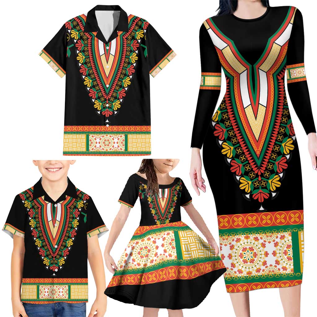 Africa Dashiki Family Matching Long Sleeve Bodycon Dress and Hawaiian Shirt Embroidery Neckline Floral Pattern - Wonder Print Shop
