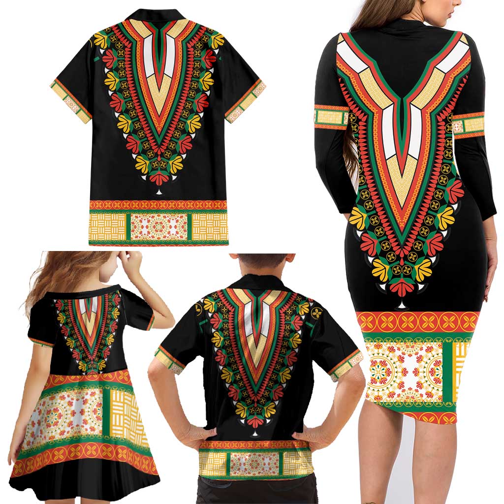 Africa Dashiki Family Matching Long Sleeve Bodycon Dress and Hawaiian Shirt Embroidery Neckline Floral Pattern - Wonder Print Shop