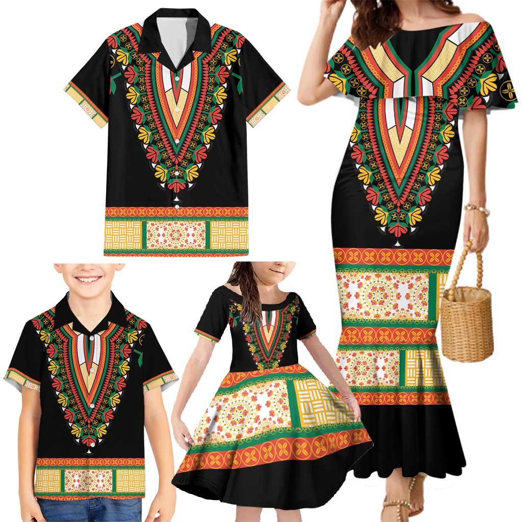 Africa Dashiki Family Matching Mermaid Dress and Hawaiian Shirt Embroidery Neckline Floral Pattern - Wonder Print Shop