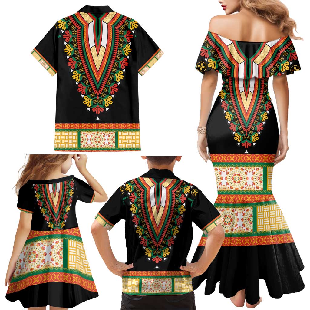 Africa Dashiki Family Matching Mermaid Dress and Hawaiian Shirt Embroidery Neckline Floral Pattern - Wonder Print Shop