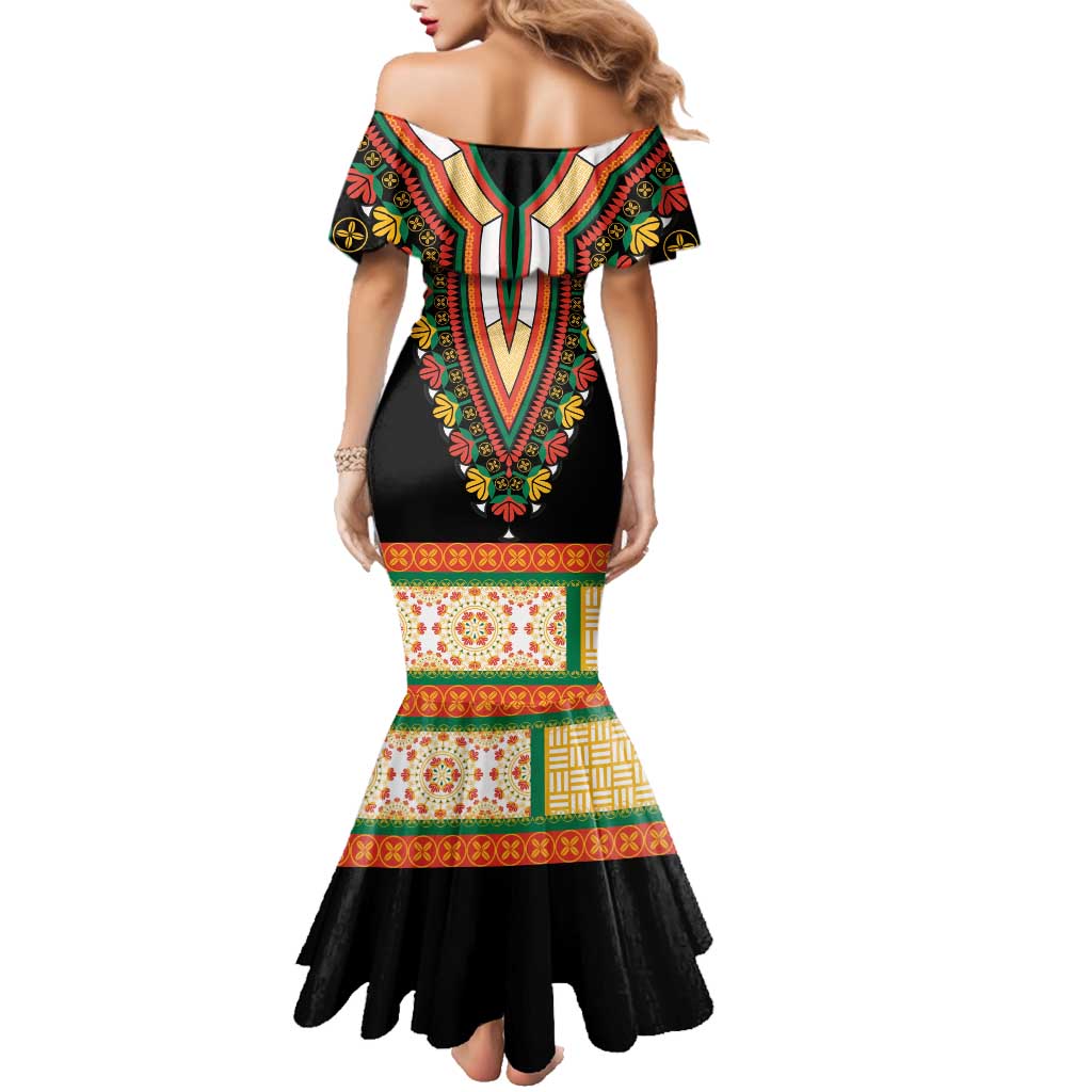Africa Dashiki Family Matching Mermaid Dress and Hawaiian Shirt Embroidery Neckline Floral Pattern - Wonder Print Shop