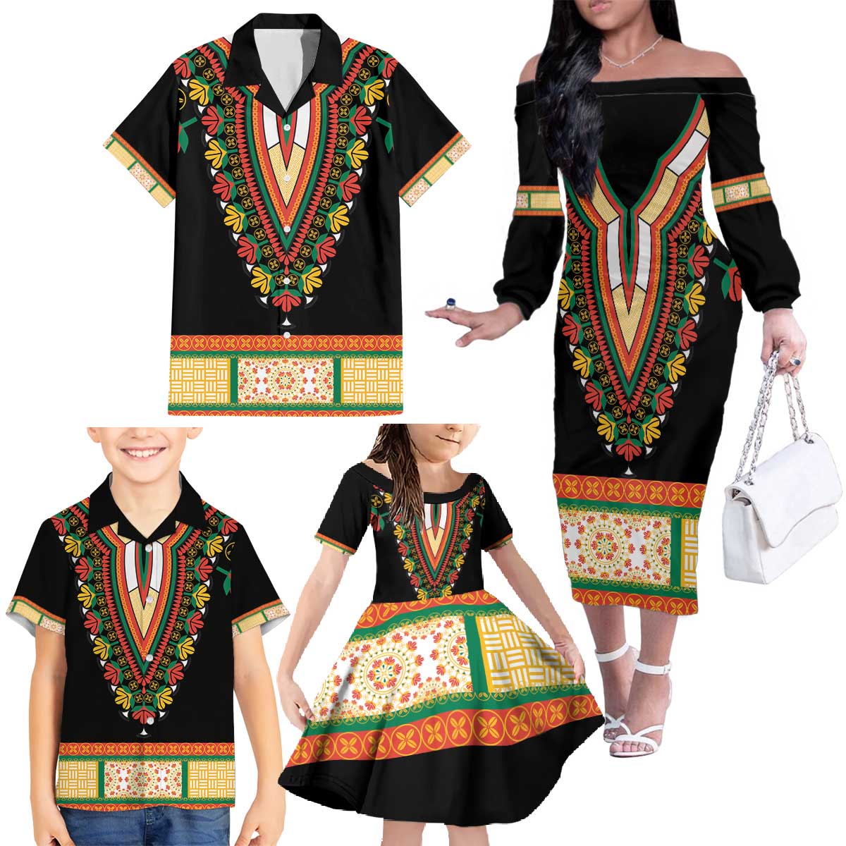 Africa Dashiki Family Matching Off The Shoulder Long Sleeve Dress and Hawaiian Shirt Embroidery Neckline Floral Pattern - Wonder Print Shop