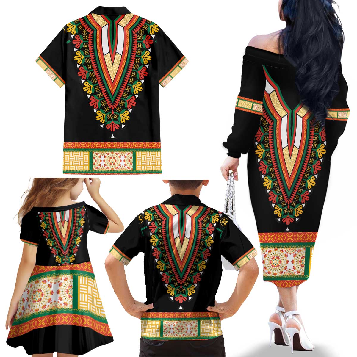 Africa Dashiki Family Matching Off The Shoulder Long Sleeve Dress and Hawaiian Shirt Embroidery Neckline Floral Pattern - Wonder Print Shop