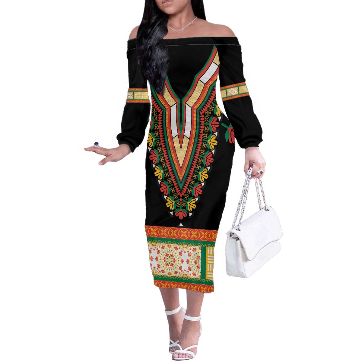 Africa Dashiki Family Matching Off The Shoulder Long Sleeve Dress and Hawaiian Shirt Embroidery Neckline Floral Pattern - Wonder Print Shop