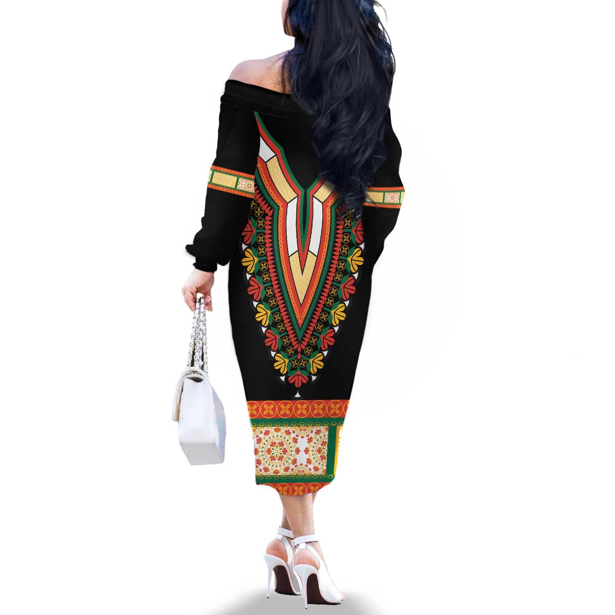 Africa Dashiki Family Matching Off The Shoulder Long Sleeve Dress and Hawaiian Shirt Embroidery Neckline Floral Pattern - Wonder Print Shop