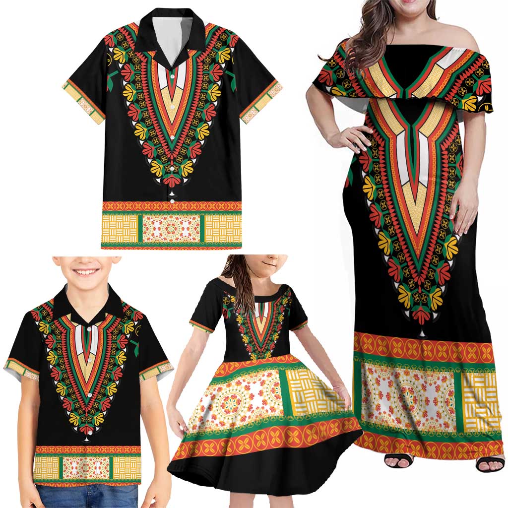 Africa Dashiki Family Matching Off Shoulder Maxi Dress and Hawaiian Shirt Embroidery Neckline Floral Pattern - Wonder Print Shop