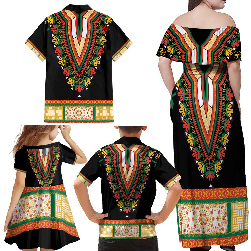 Africa Dashiki Family Matching Off Shoulder Maxi Dress and Hawaiian Shirt Embroidery Neckline Floral Pattern - Wonder Print Shop