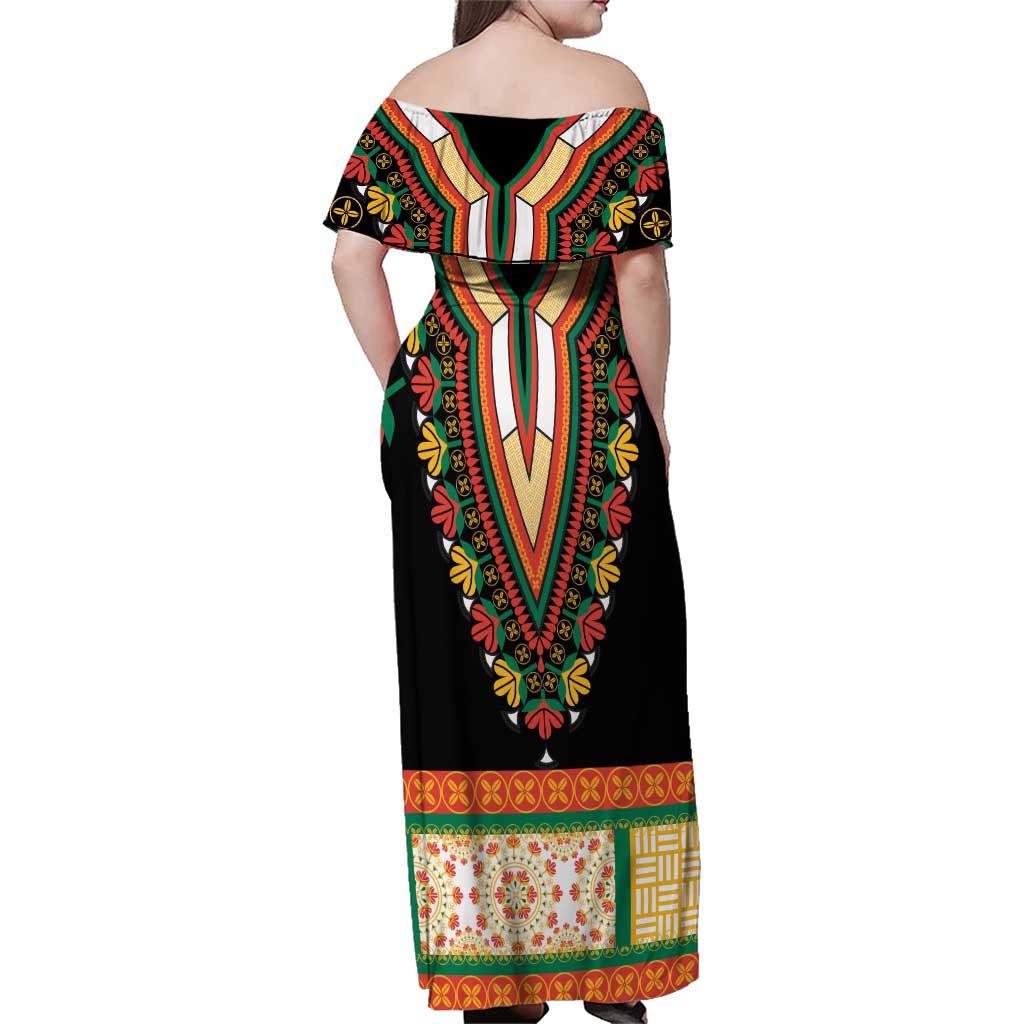 Africa Dashiki Family Matching Off Shoulder Maxi Dress and Hawaiian Shirt Embroidery Neckline Floral Pattern - Wonder Print Shop