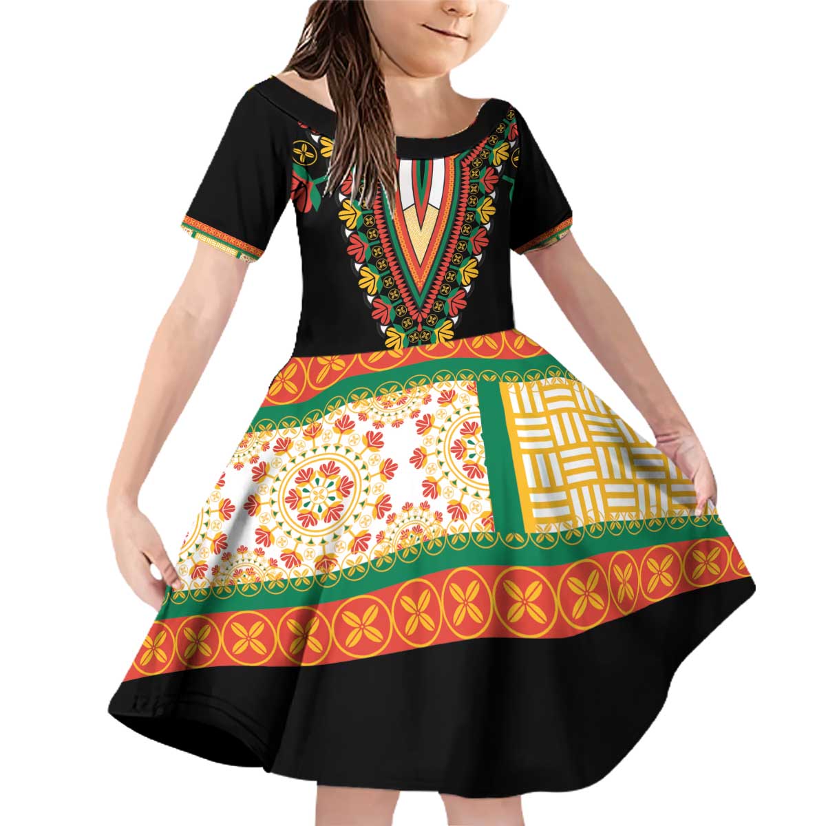 Africa Dashiki Family Matching Off Shoulder Short Dress and Hawaiian Shirt Embroidery Neckline Floral Pattern - Wonder Print Shop