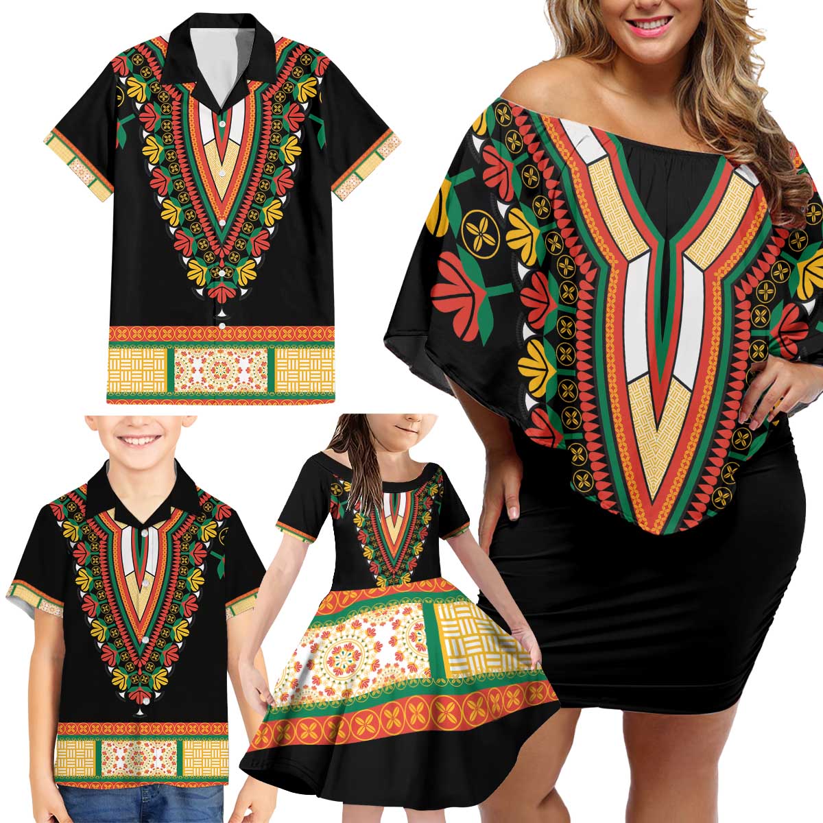 Africa Dashiki Family Matching Off Shoulder Short Dress and Hawaiian Shirt Embroidery Neckline Floral Pattern - Wonder Print Shop