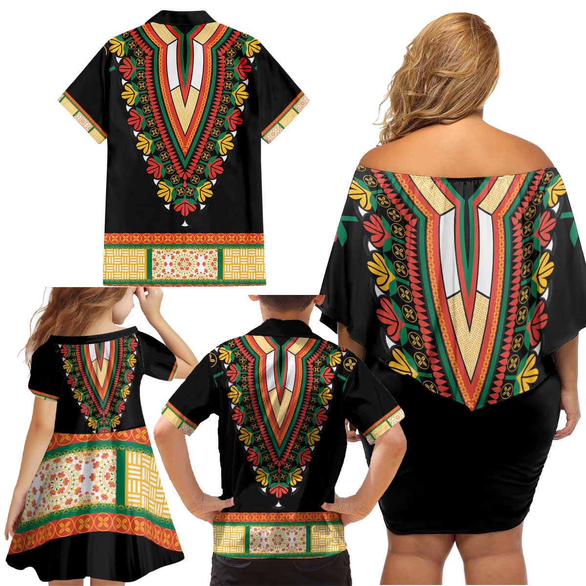 Africa Dashiki Family Matching Off Shoulder Short Dress and Hawaiian Shirt Embroidery Neckline Floral Pattern - Wonder Print Shop