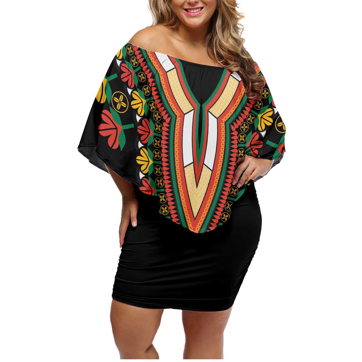Africa Dashiki Family Matching Off Shoulder Short Dress and Hawaiian Shirt Embroidery Neckline Floral Pattern - Wonder Print Shop