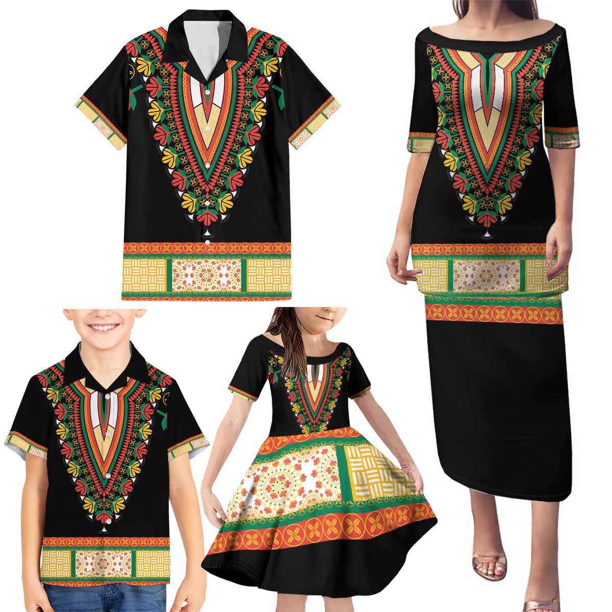 Africa Dashiki Family Matching Puletasi and Hawaiian Shirt Embroidery Neckline Floral Pattern - Wonder Print Shop