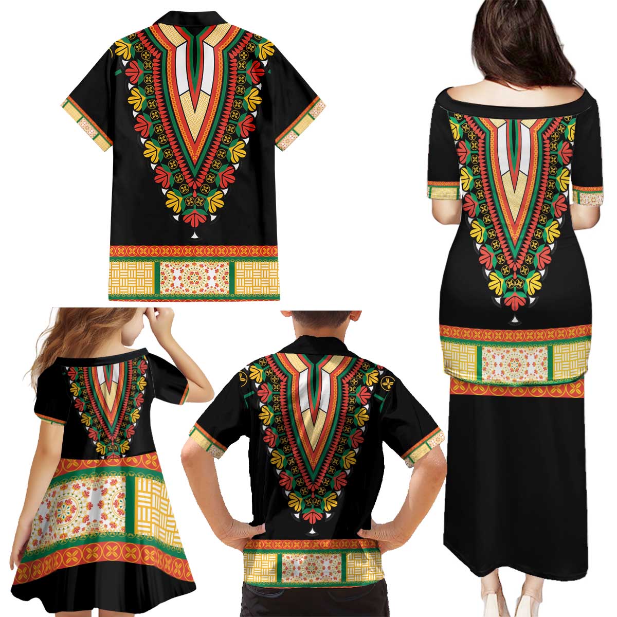 Africa Dashiki Family Matching Puletasi and Hawaiian Shirt Embroidery Neckline Floral Pattern - Wonder Print Shop