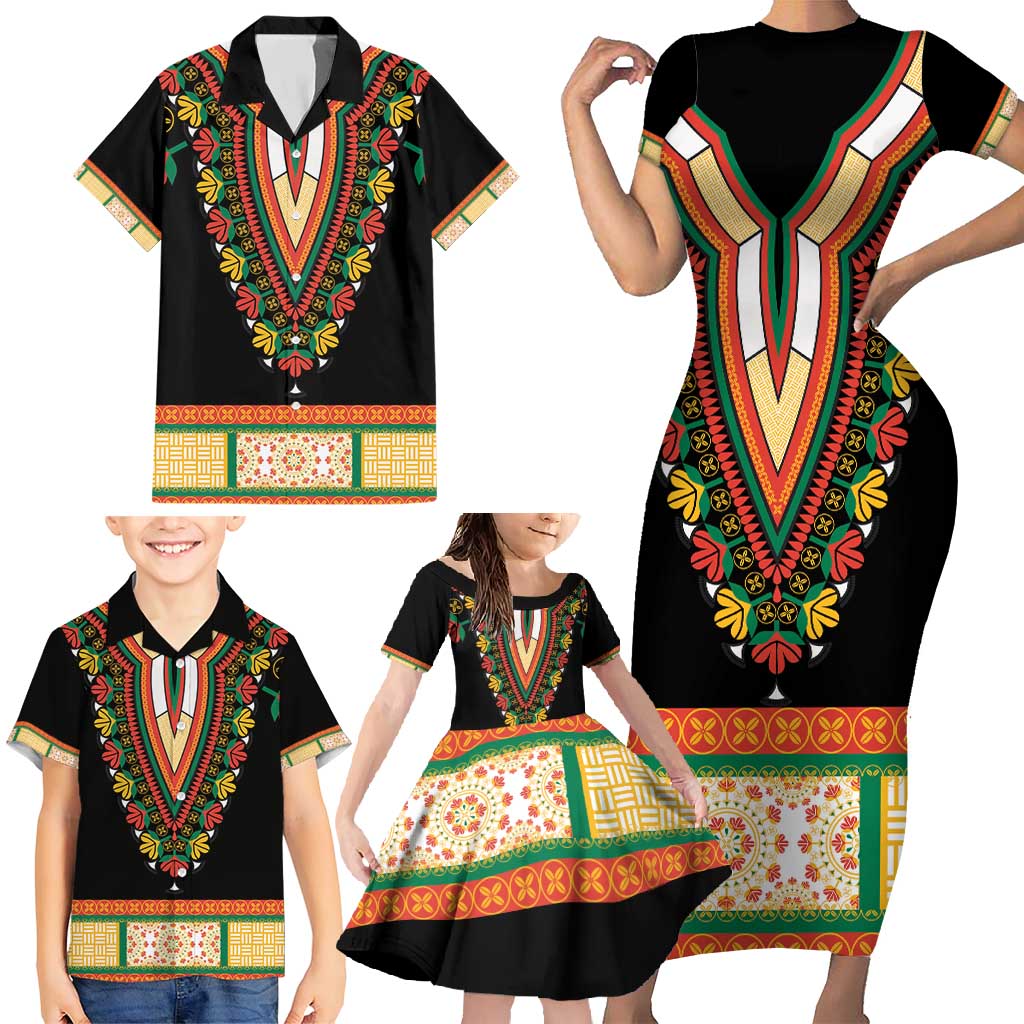 Africa Dashiki Family Matching Short Sleeve Bodycon Dress and Hawaiian Shirt Embroidery Neckline Floral Pattern - Wonder Print Shop