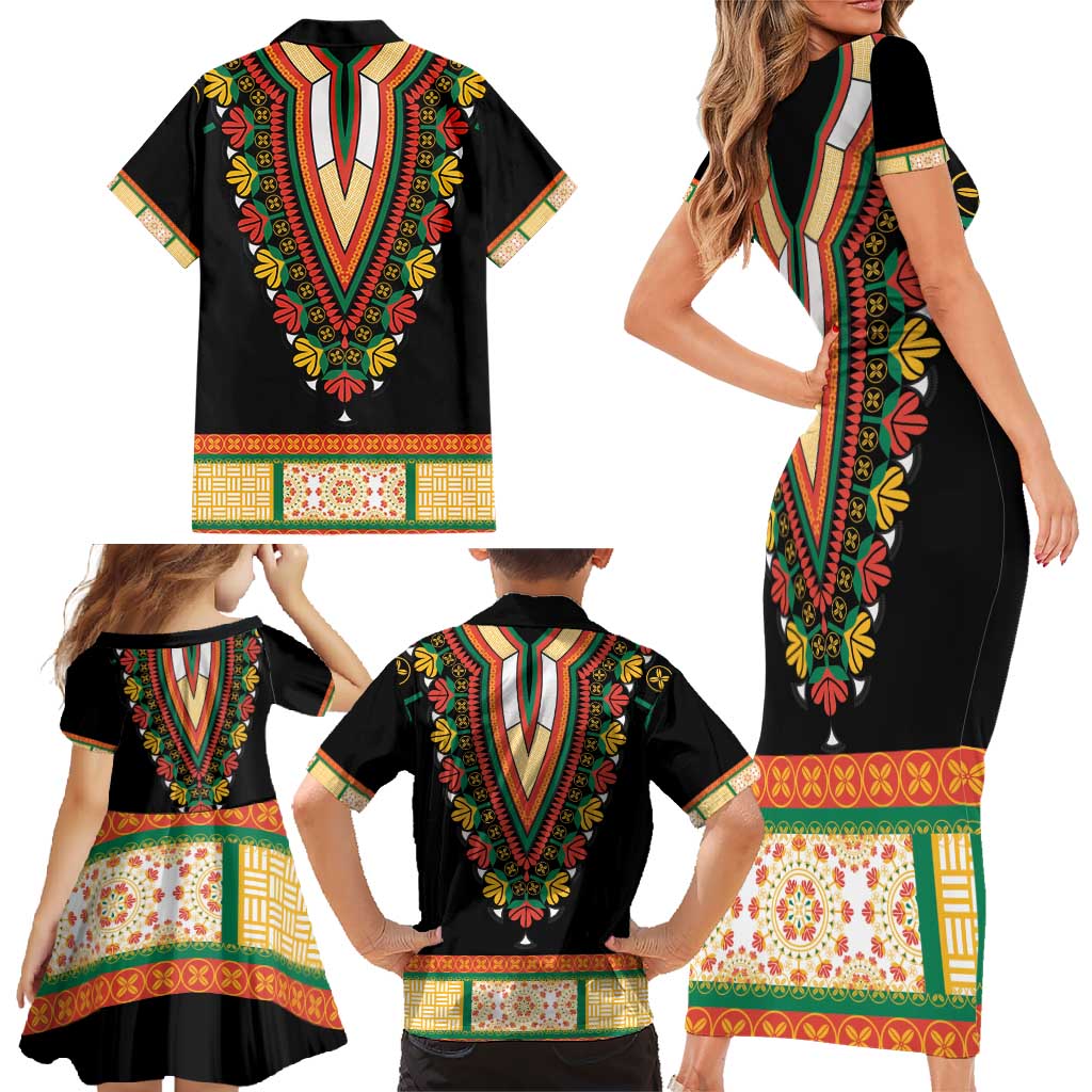 Africa Dashiki Family Matching Short Sleeve Bodycon Dress and Hawaiian Shirt Embroidery Neckline Floral Pattern - Wonder Print Shop
