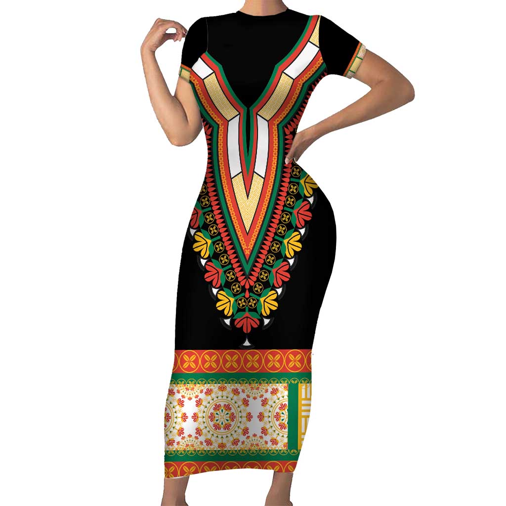 Africa Dashiki Family Matching Short Sleeve Bodycon Dress and Hawaiian Shirt Embroidery Neckline Floral Pattern - Wonder Print Shop