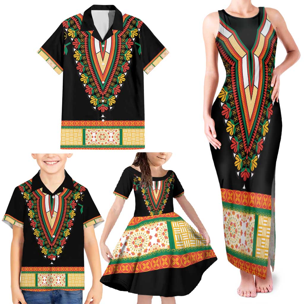 Africa Dashiki Family Matching Tank Maxi Dress and Hawaiian Shirt Embroidery Neckline Floral Pattern - Wonder Print Shop