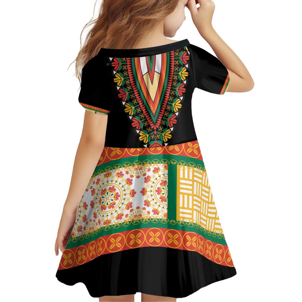 Africa Dashiki Kid Short Sleeve Dress Embroidery Neckline Floral Pattern - Wonder Print Shop