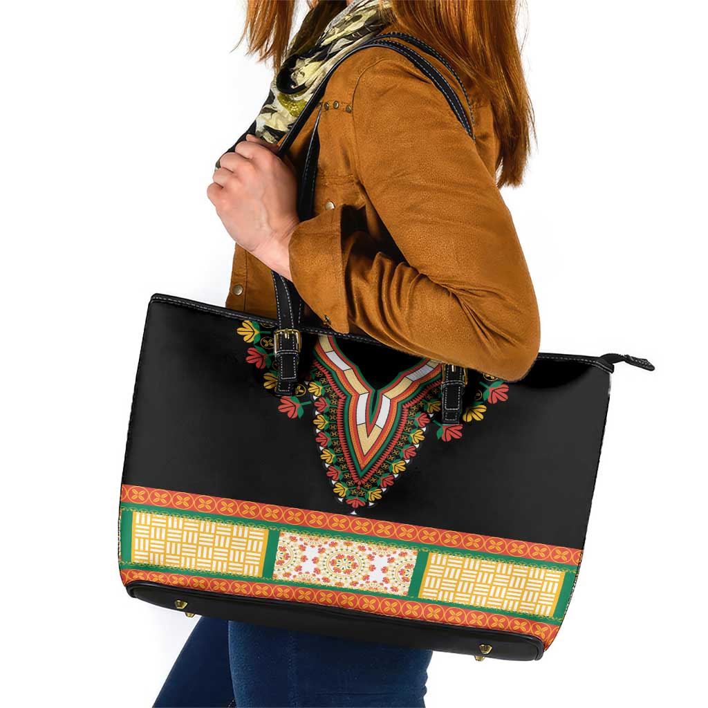 Africa Dashiki Leather Tote Bag Embroidery Neckline Floral Pattern - Wonder Print Shop