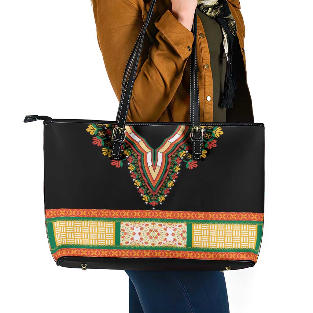 Africa Dashiki Leather Tote Bag Embroidery Neckline Floral Pattern - Wonder Print Shop