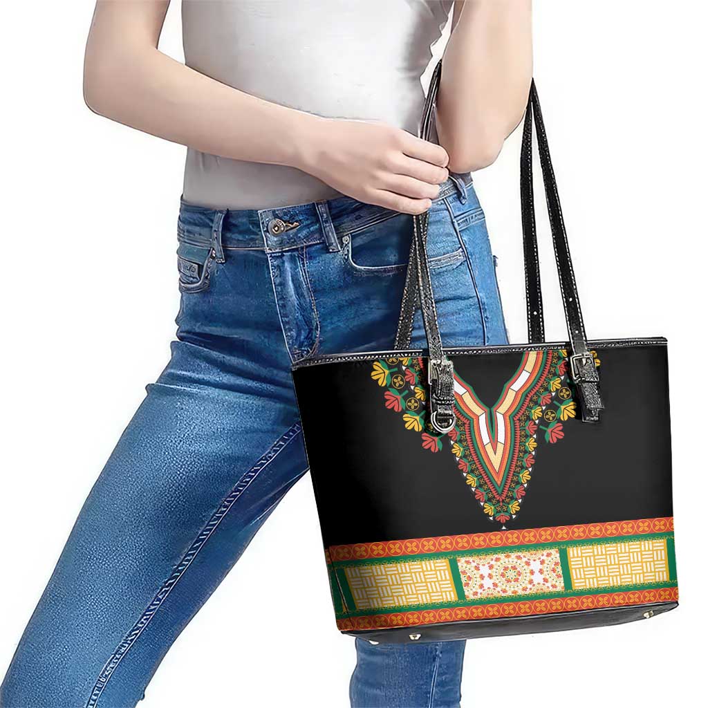Africa Dashiki Leather Tote Bag Embroidery Neckline Floral Pattern - Wonder Print Shop
