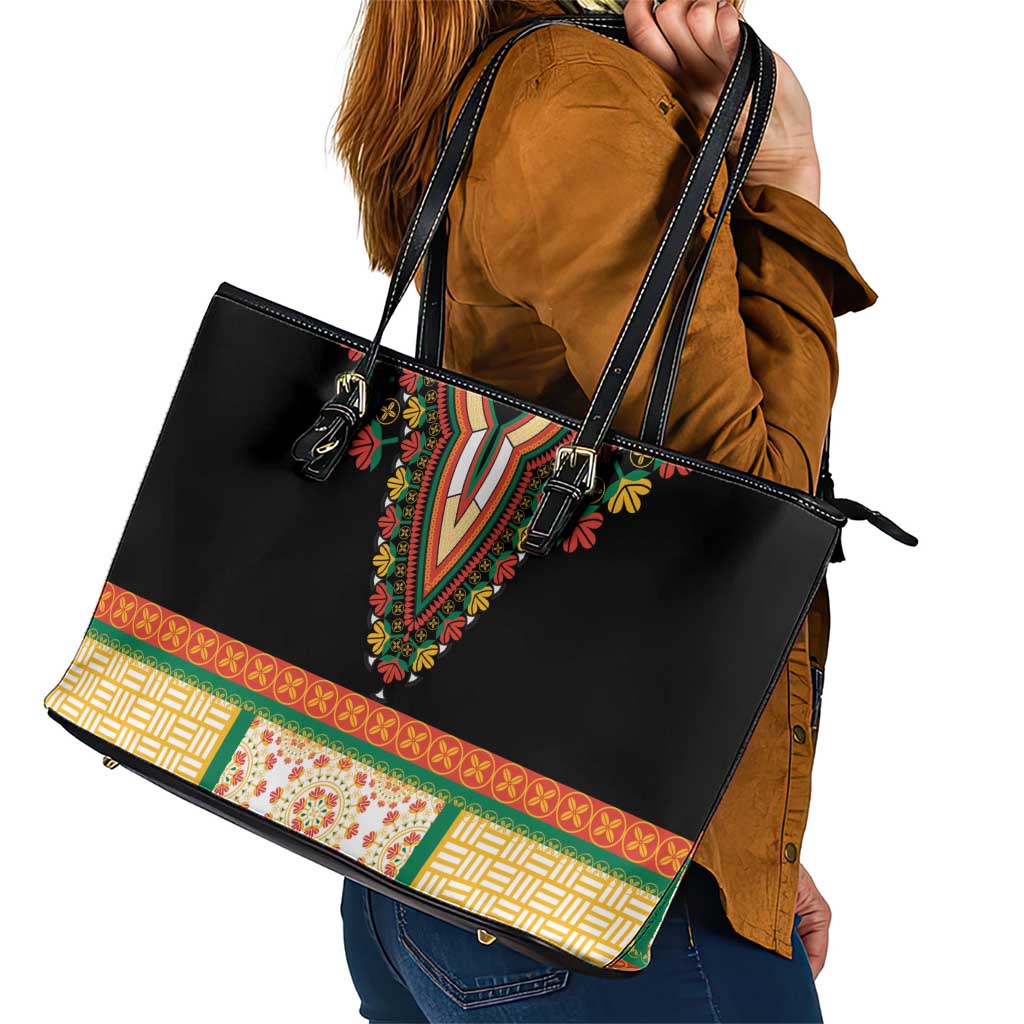 Africa Dashiki Leather Tote Bag Embroidery Neckline Floral Pattern - Wonder Print Shop