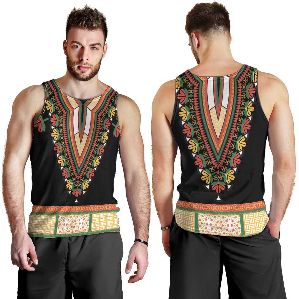 Africa Dashiki Men Tank Top Embroidery Neckline Floral Pattern - Wonder Print Shop