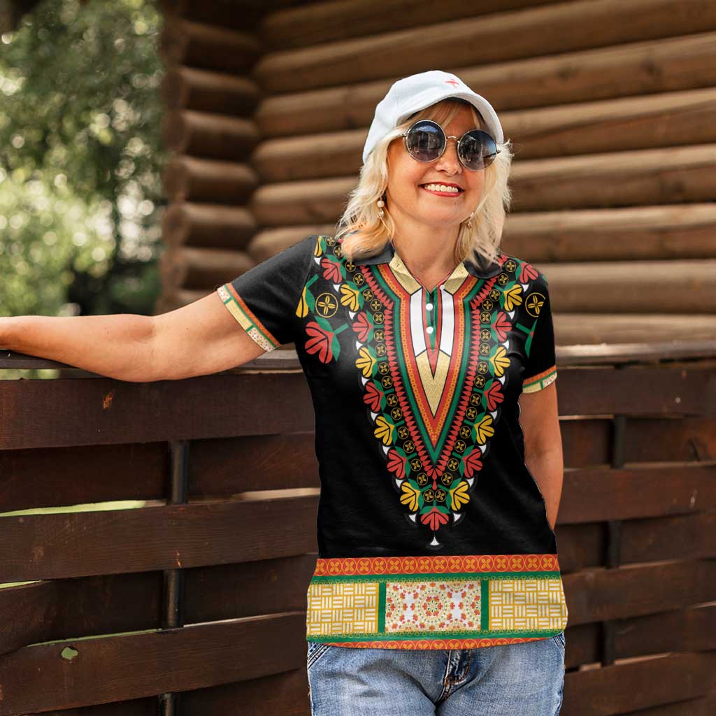 Africa Dashiki Women Polo Shirt Embroidery Neckline Floral Pattern - Wonder Print Shop
