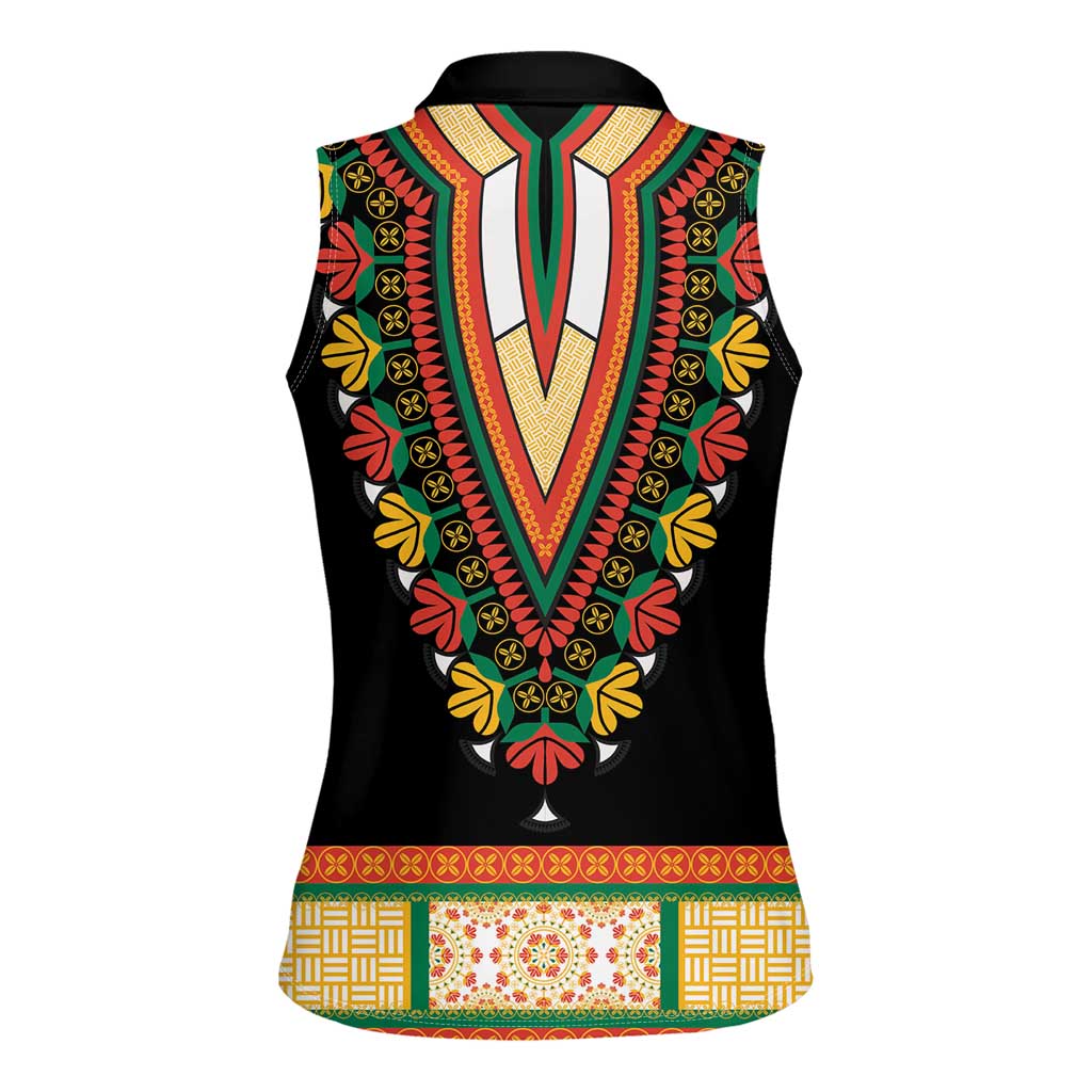 Africa Dashiki Women Sleeveless Polo Shirt Embroidery Neckline Floral Pattern - Wonder Print Shop