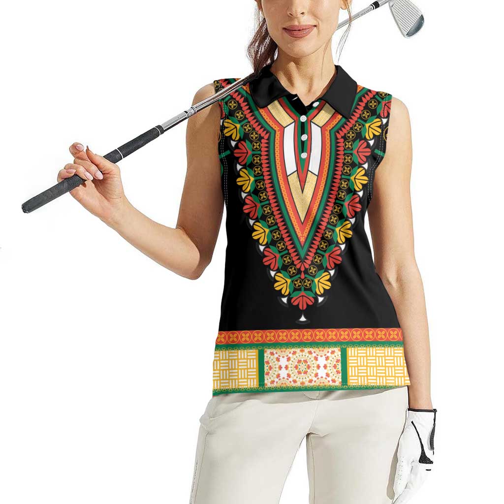 Africa Dashiki Women Sleeveless Polo Shirt Embroidery Neckline Floral Pattern - Wonder Print Shop